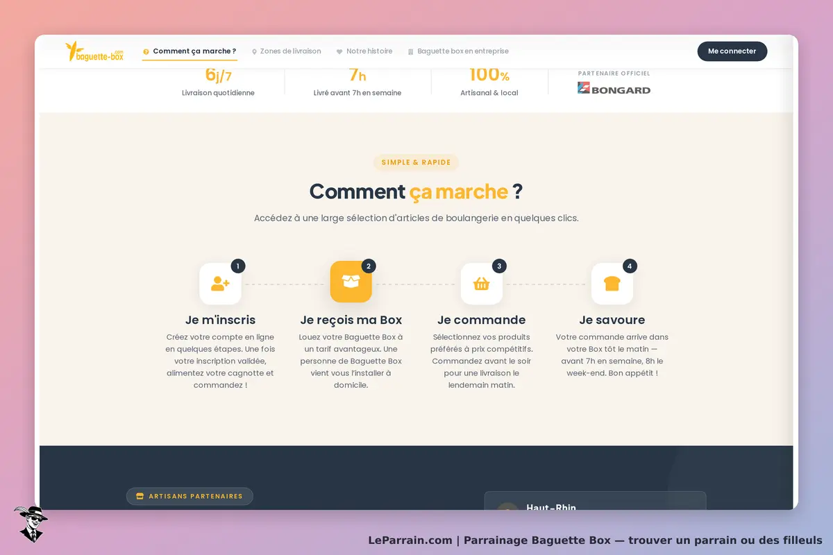 Baguette Box : étapes du processus de commande sur la page d'accueil, avec icônes explicatives
