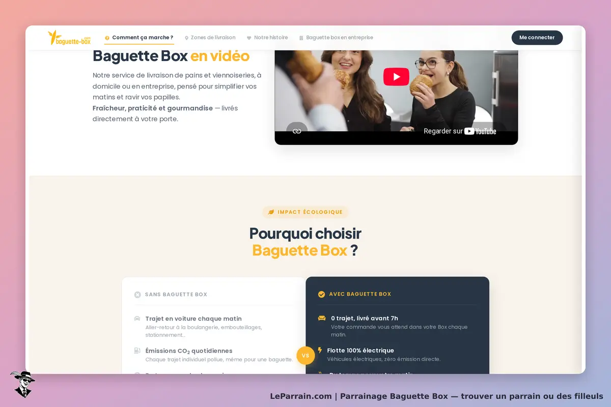 Baguette Box : page d'accueil avec vidéo et sections sur l'impact écologique et les avantages