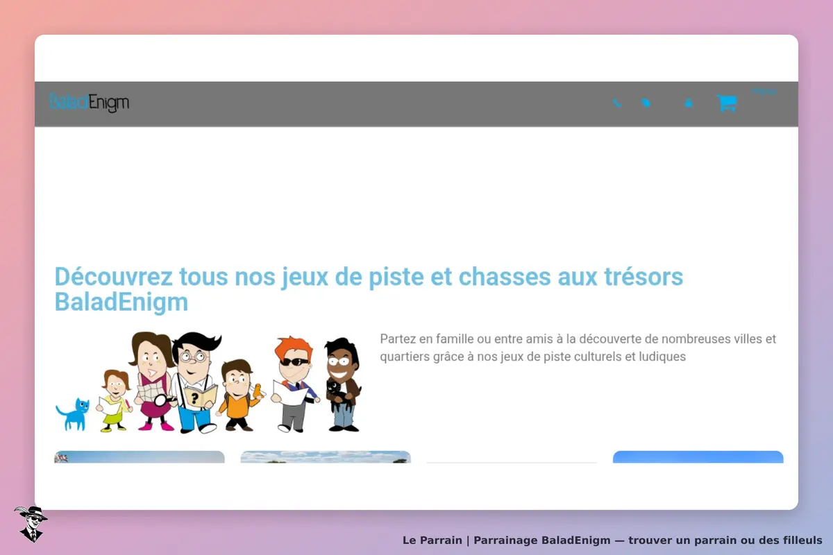 BaladEnigm : page d'accueil présentant des personnages et des jeux de piste à découvrir