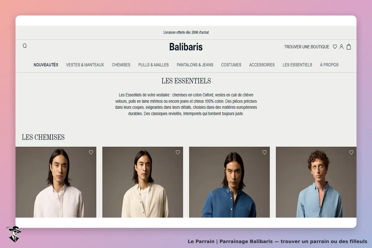 Balibaris : page d'accueil avec des chemises présentées et des modèles en portrait