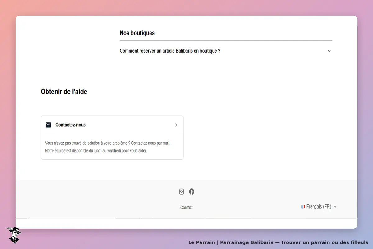 Balibaris : section d'aide avec option de contact par mail pour des questions sur les boutiques
