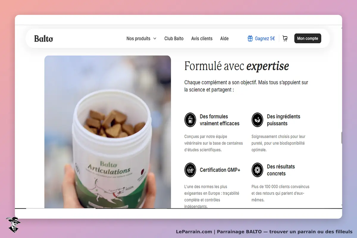 Balto : pot de compléments alimentaires pour animaux avec des morceaux visibles à l'intérieur