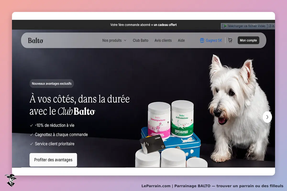 Balto : page d'accueil avec un chien et des pots de produits sur une table