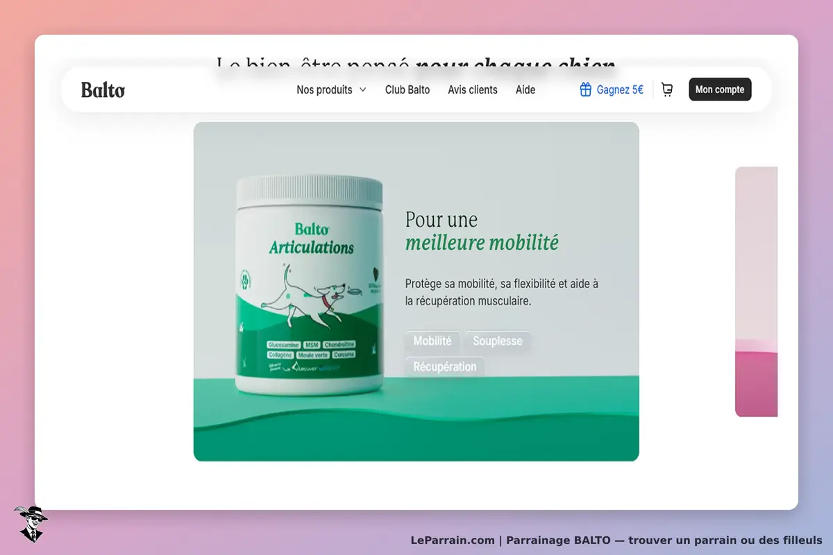 Balto : produit pour les articulations avec description et éléments graphiques associés