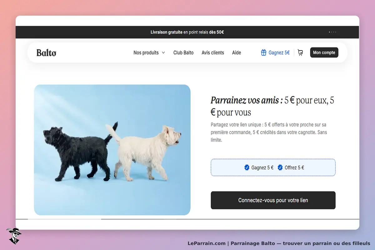 Balto : deux chiens, un noir et un blanc, sur fond bleu avec un texte sur le parrainage