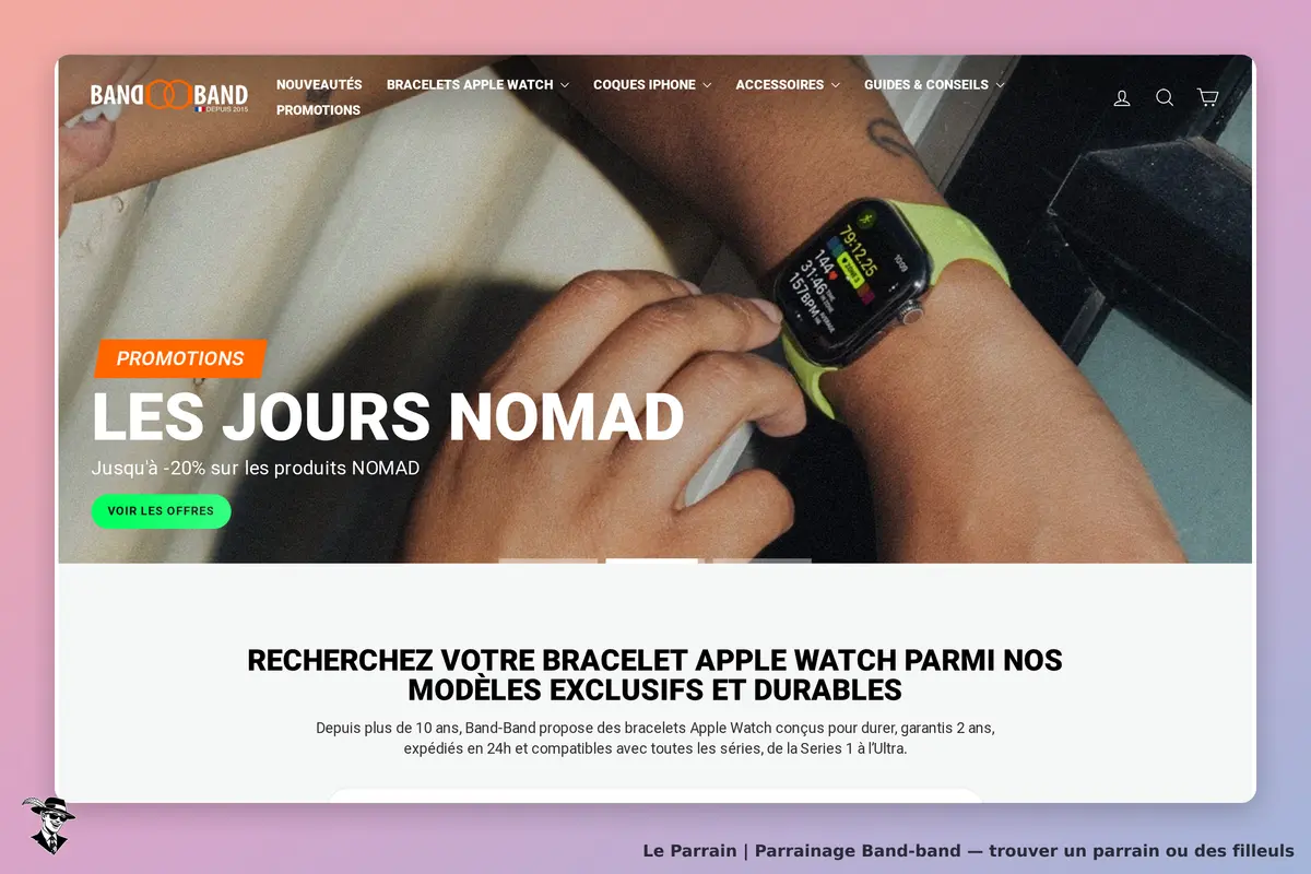 Band-band : page d'accueil avec une promotion sur les bracelets Apple Watch et un modèle porté