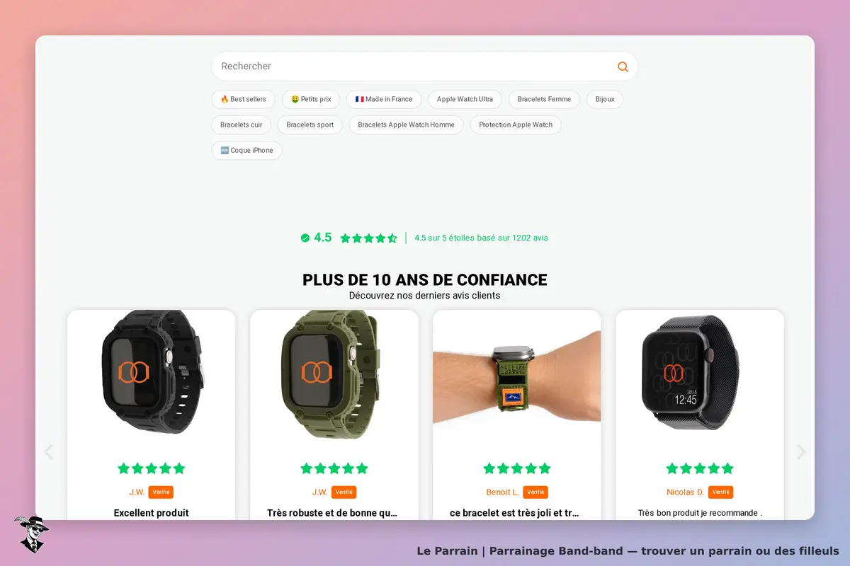 Band-band : page d'accueil avec des bracelets connectés et avis clients affichés