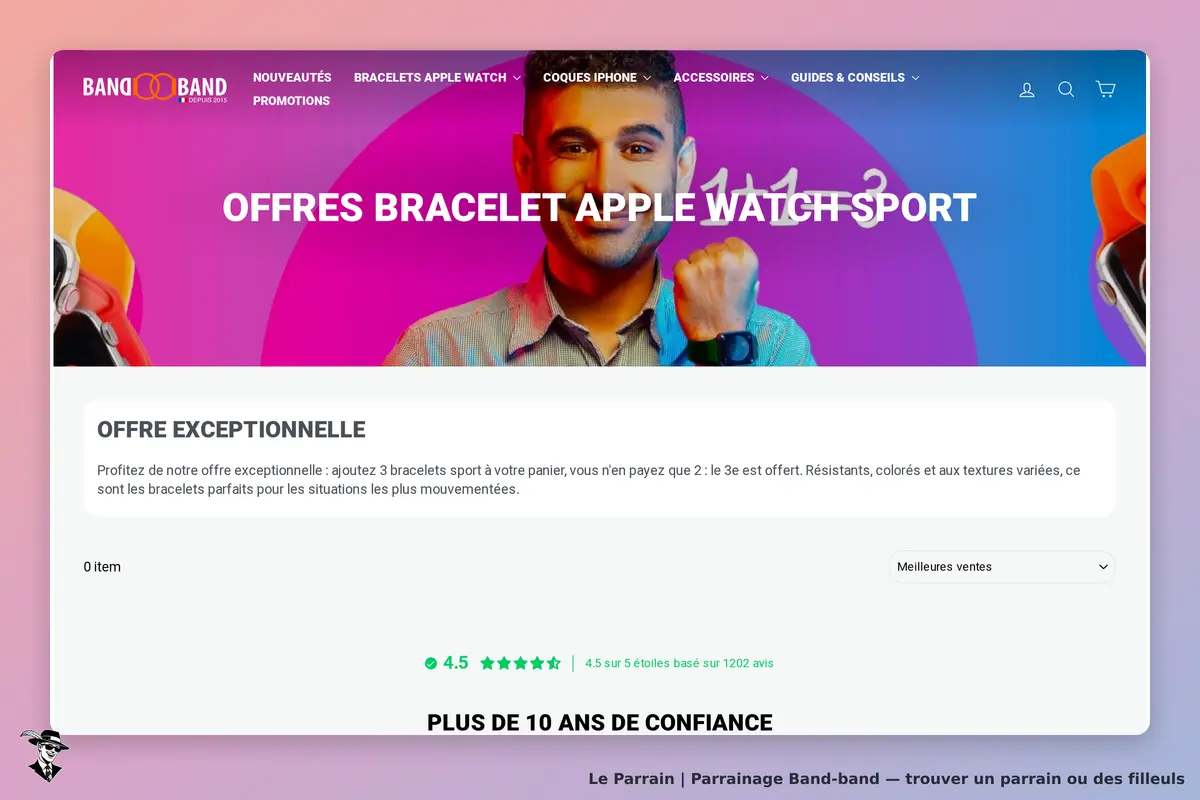 Band-band : page d'accueil présentant des bracelets Apple Watch avec une offre exceptionnelle