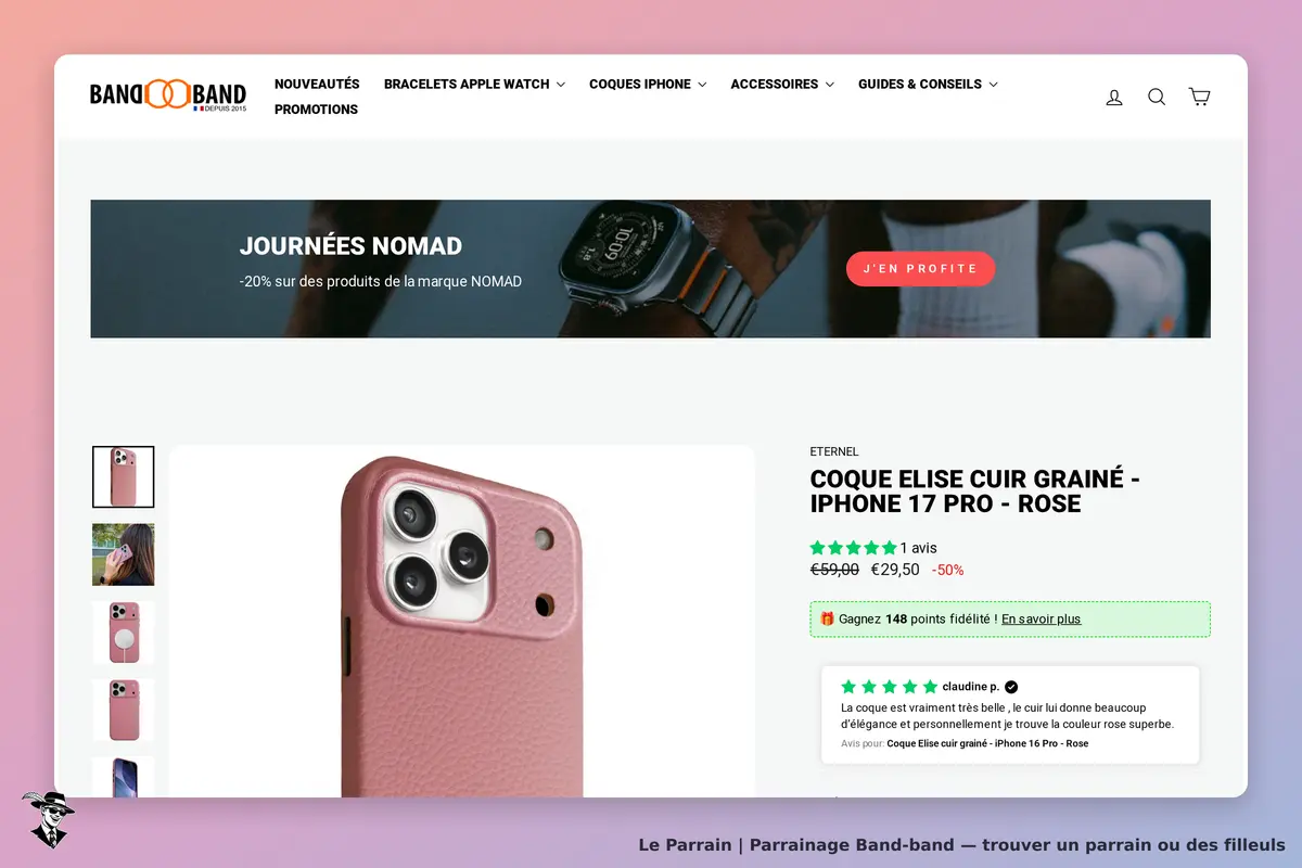 Band-band : page produit affichant une coque rose pour iPhone 17 Pro et des avis clients