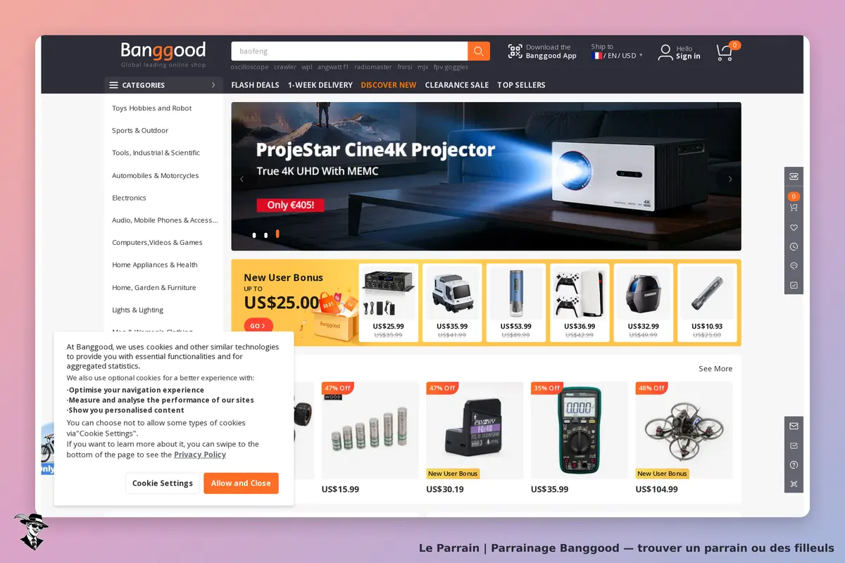 Banggood : page d'accueil présentant un projecteur et divers produits en promotion
