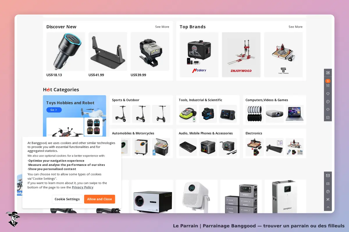 Banggood : page d'accueil avec catégories de produits et options de cookies affichées