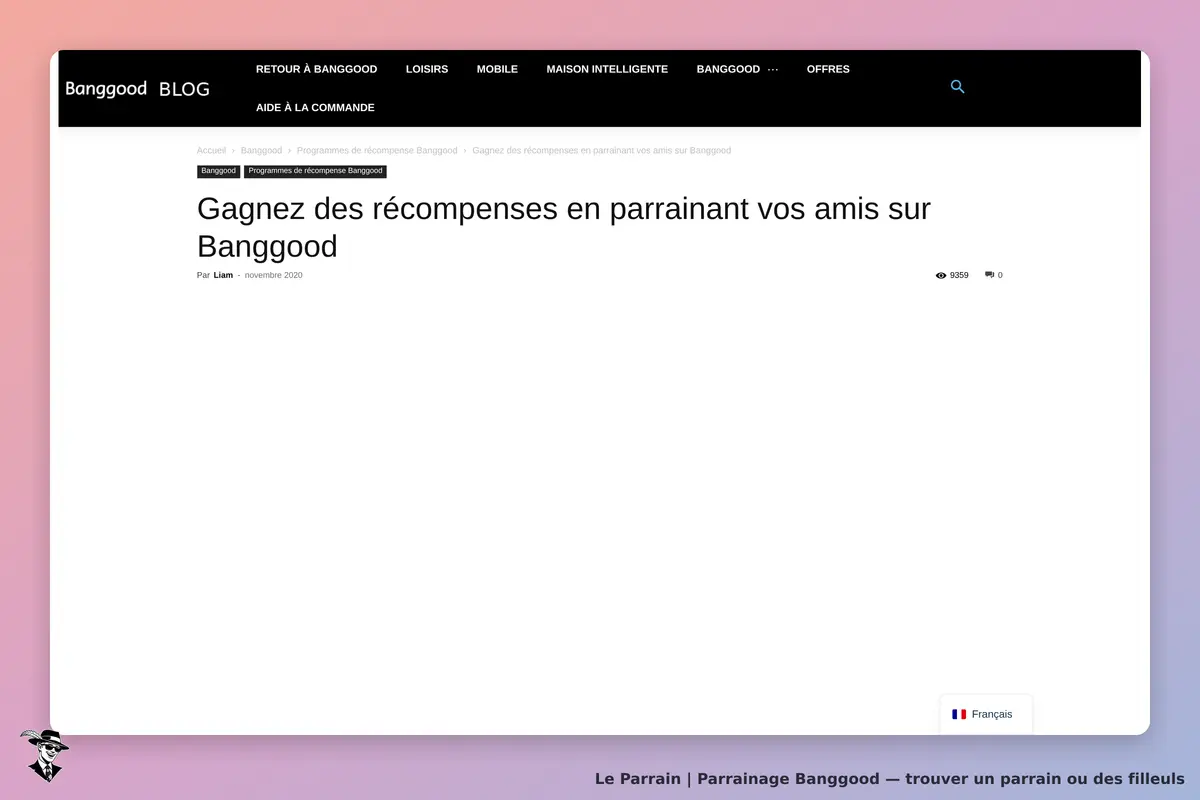 Banggood : page de blog sur les récompenses de parrainage avec titre et auteur