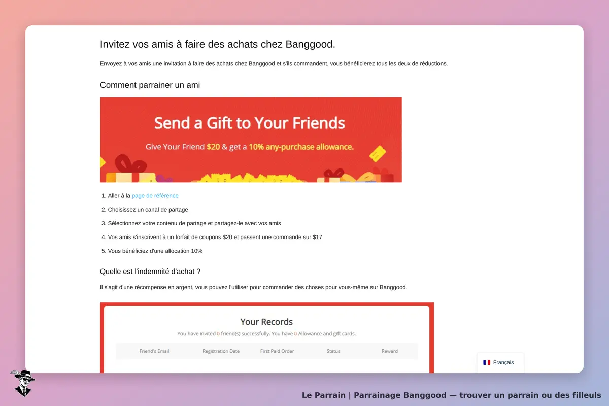 Banggood : page d'invitation au parrainage avec étapes et tableau des enregistrements
