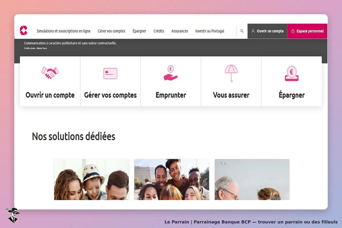 Banque BCP : page d'accueil avec options de services bancaires et photos de clients