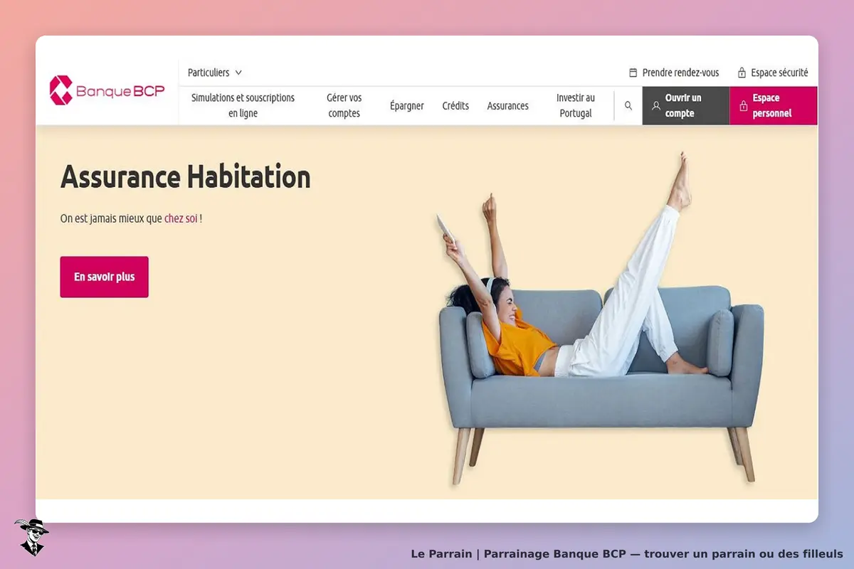Banque BCP : page d'accueil avec un visuel d'assurance habitation et une personne détendue sur un