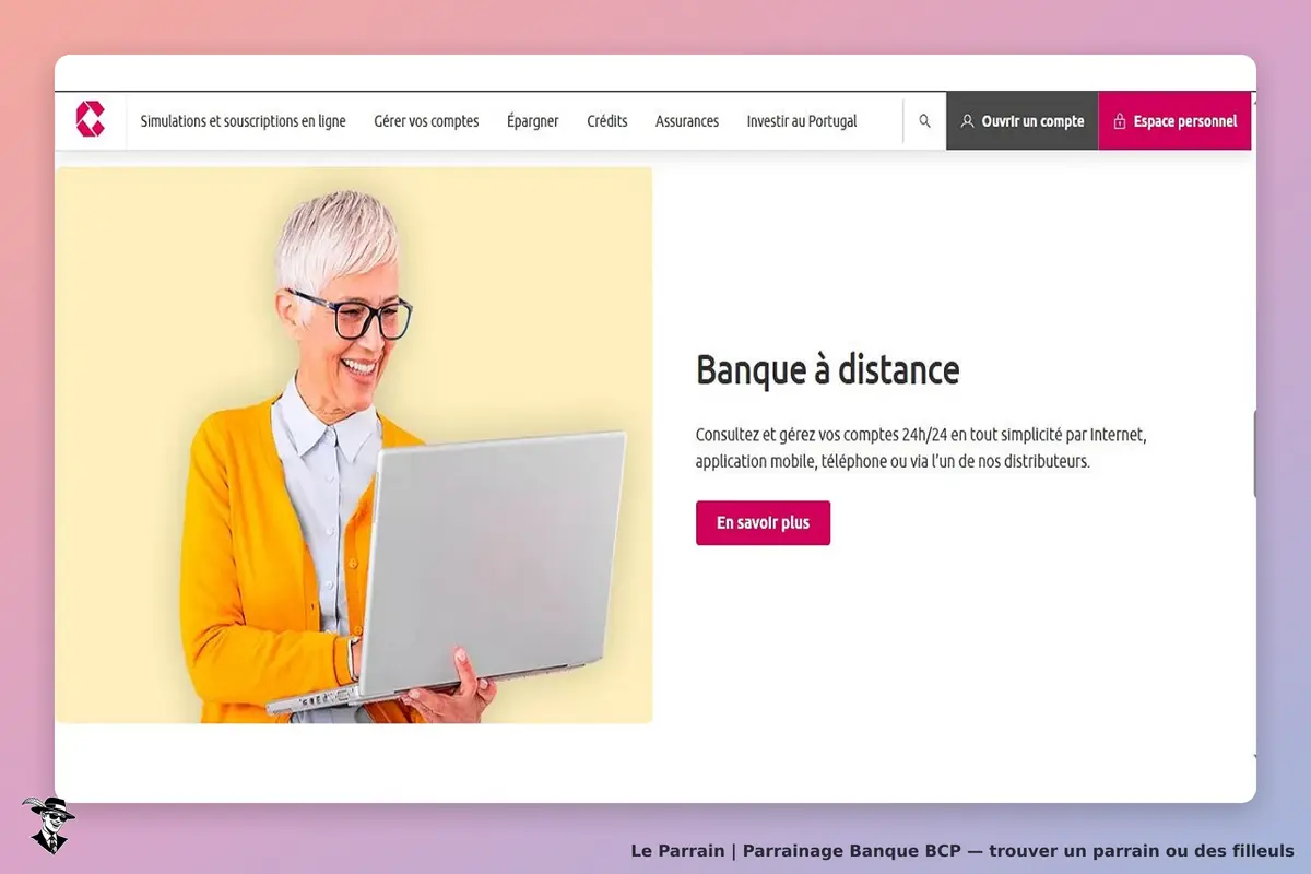 Banque BCP : page d'accueil avec une femme souriante utilisant un ordinateur portable