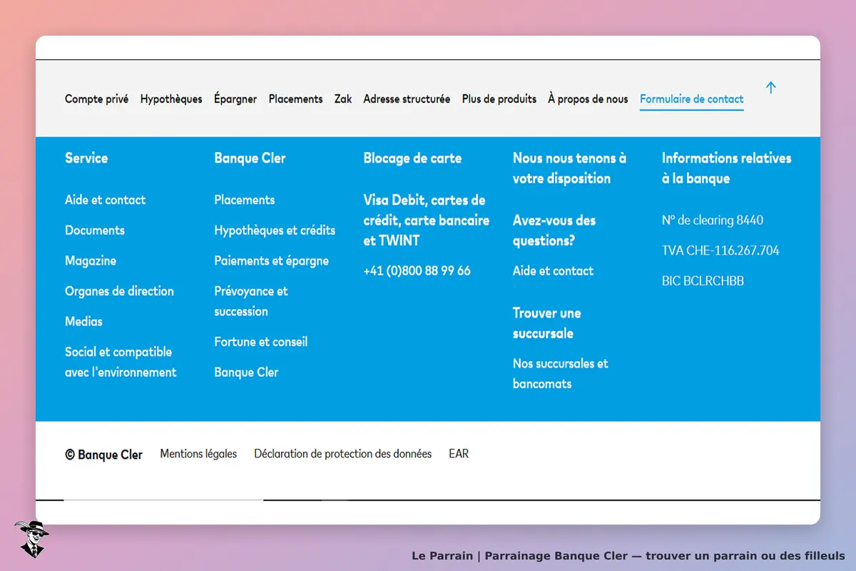 Banque Cler : menu de navigation et informations de contact sur la page d'accueil