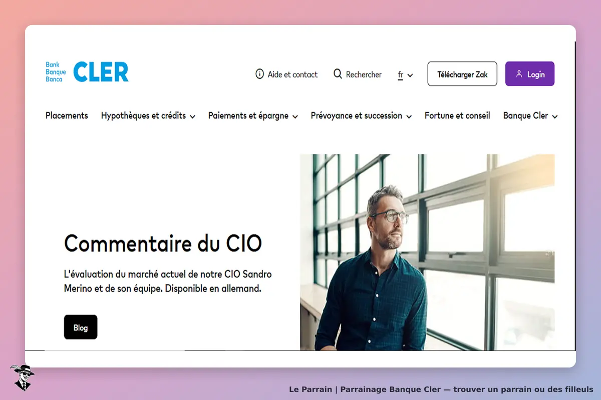 Banque Cler : page d'accueil avec un commentaire du CIO et un homme regardant par la fenêtre