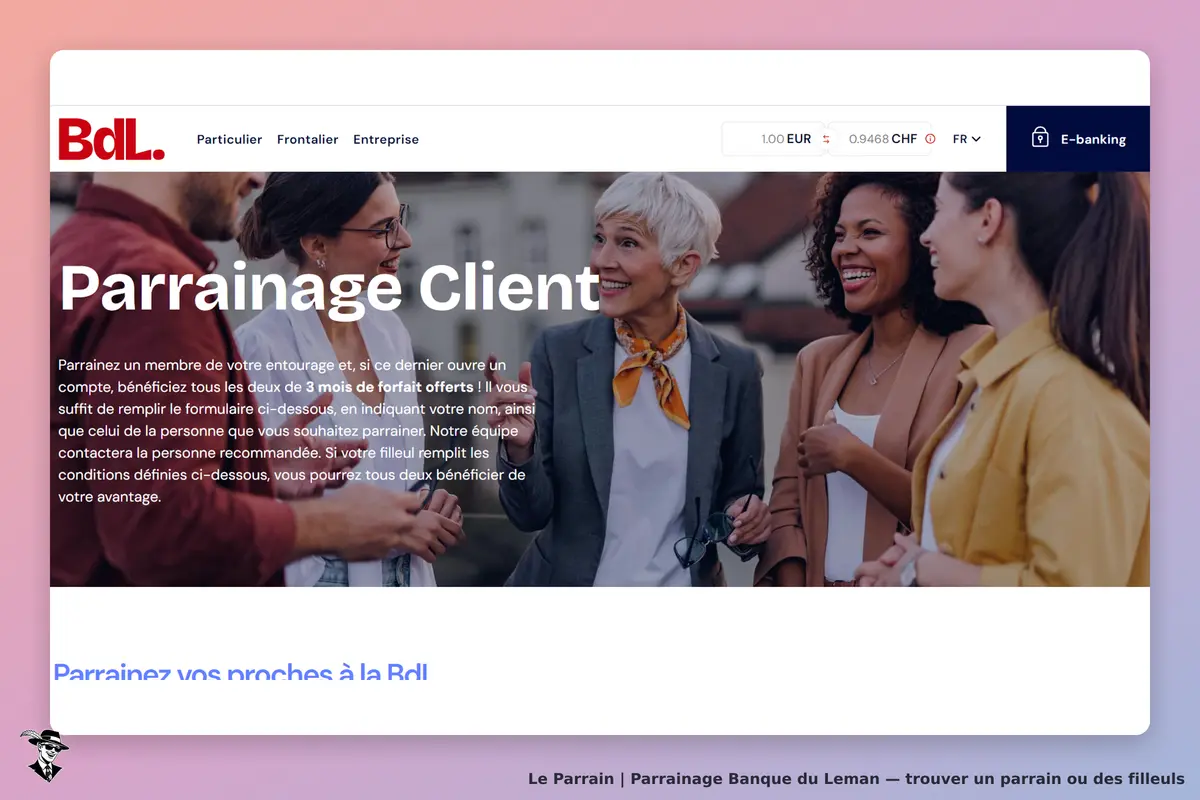 Banque du Leman : bdL : page d'accueil avec le titre "Parrainage Client" et des personnes discutant