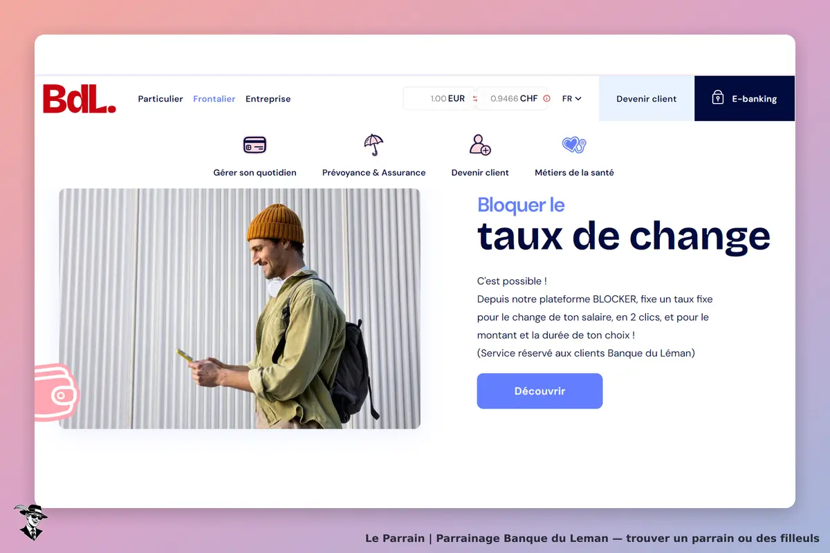 Banque du Leman : banque du Léman : page d'accueil avec un homme utilisant un téléphone et une