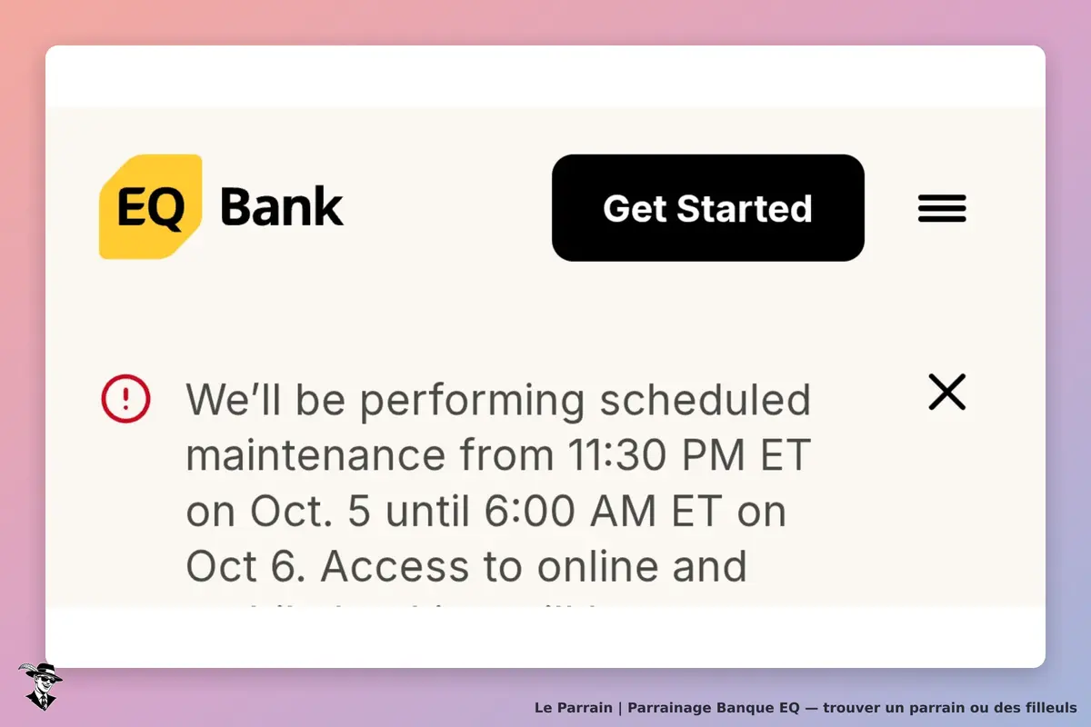 Banque EQ : eQ Bank : message d'entretien programmé avec un bouton pour commencer et un logo de la