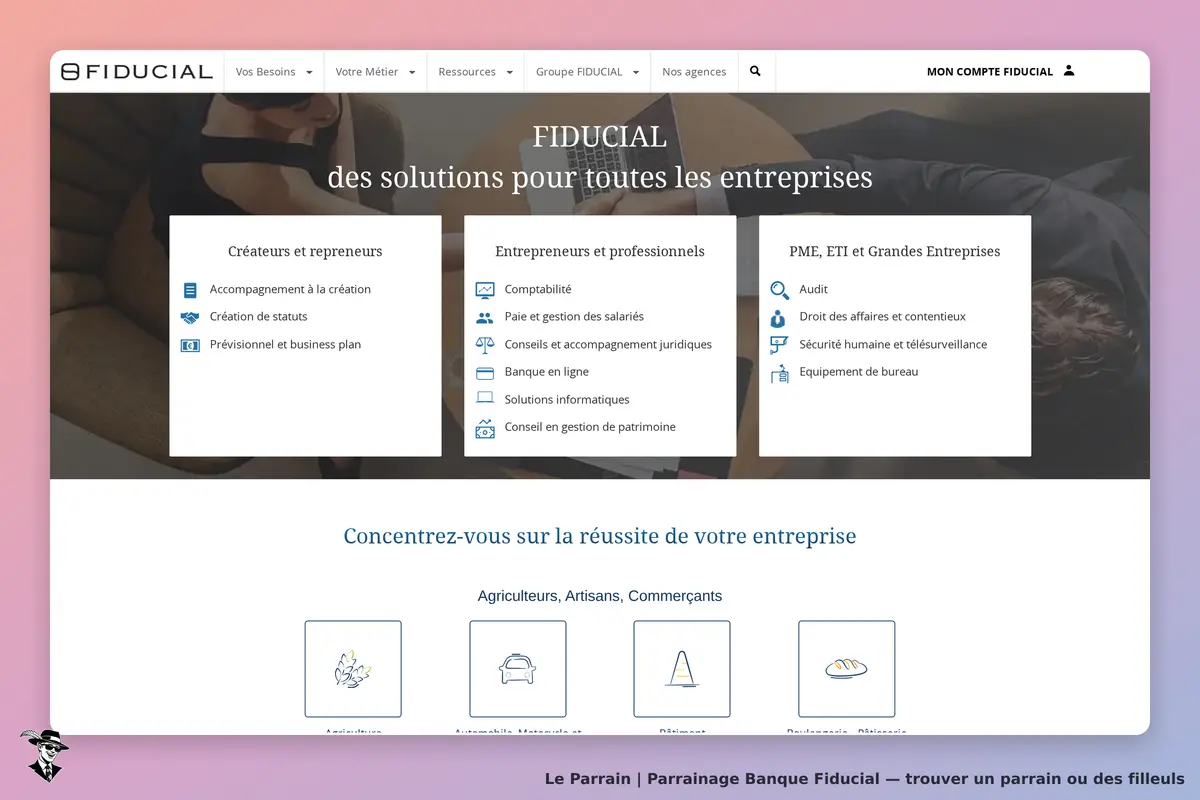 Banque Fiducial : page d'accueil présentant des solutions pour entreprises et entrepreneurs