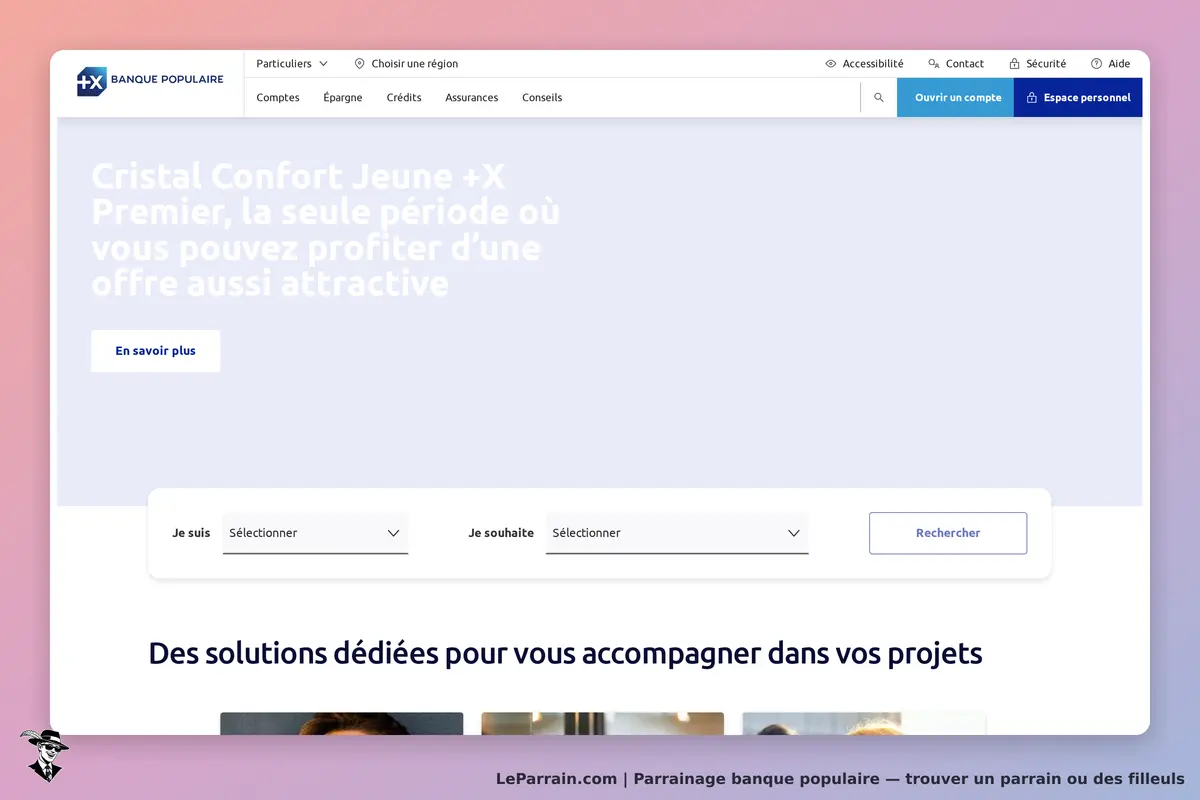 Banque Populaire : page d'accueil avec options de sélection et présentation d'un produit