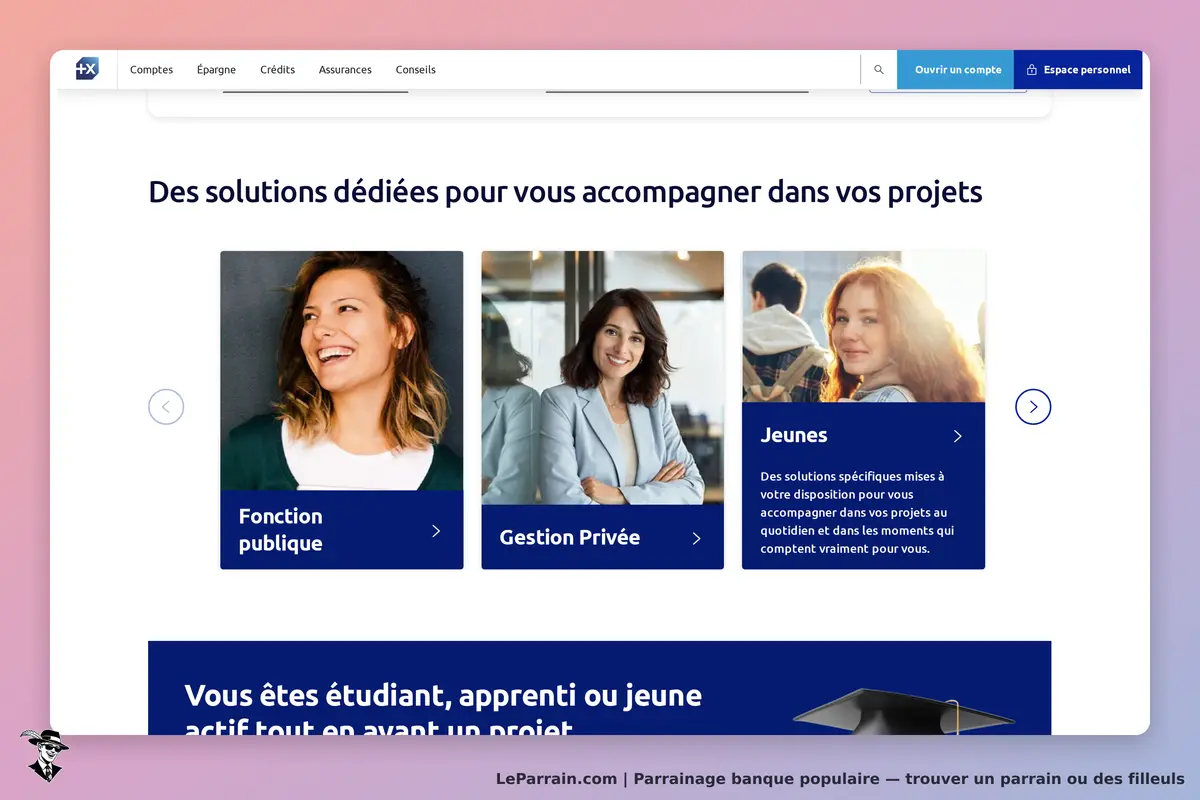 Banque Populaire : page d'accueil avec sections sur les solutions pour différents publics