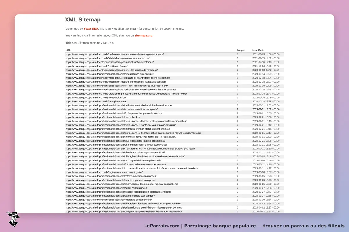 banque populaire : liste de liens dans un plan du site XML avec dates et nombre d'images