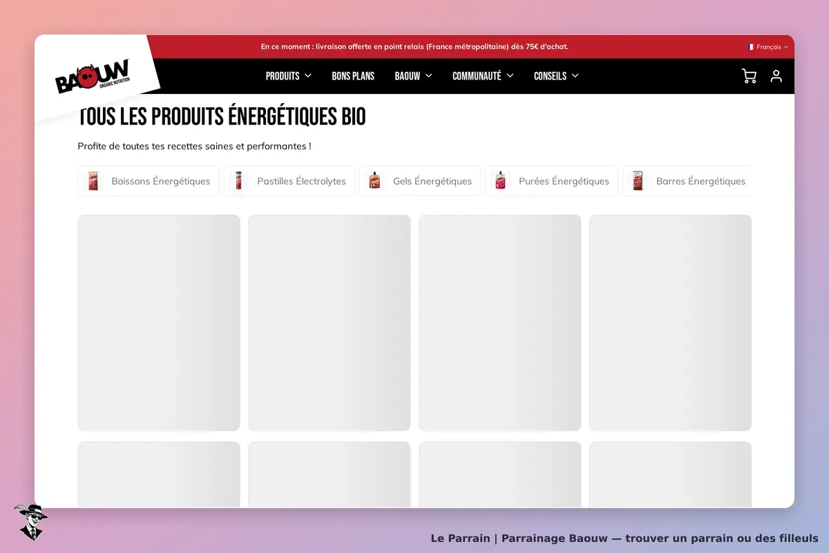 Baouw : page de catégorie des produits énergétiques bio avec différents types de produits