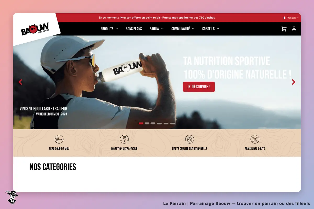 Baouw : la page d'accueil avec un athlète buvant, texte sur nutrition sportive naturelle