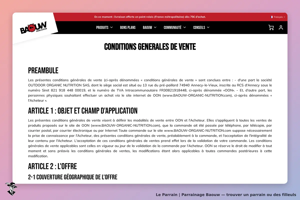 Baouw : conditions générales de vente affichées sur la page d'accueil du site