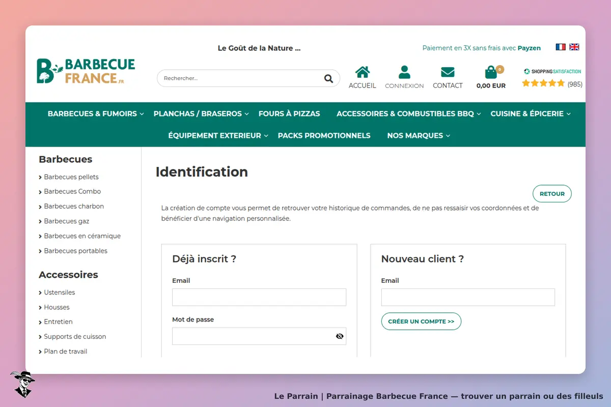 Barbecue France : page d'identification avec formulaires pour clients inscrits et nouveaux