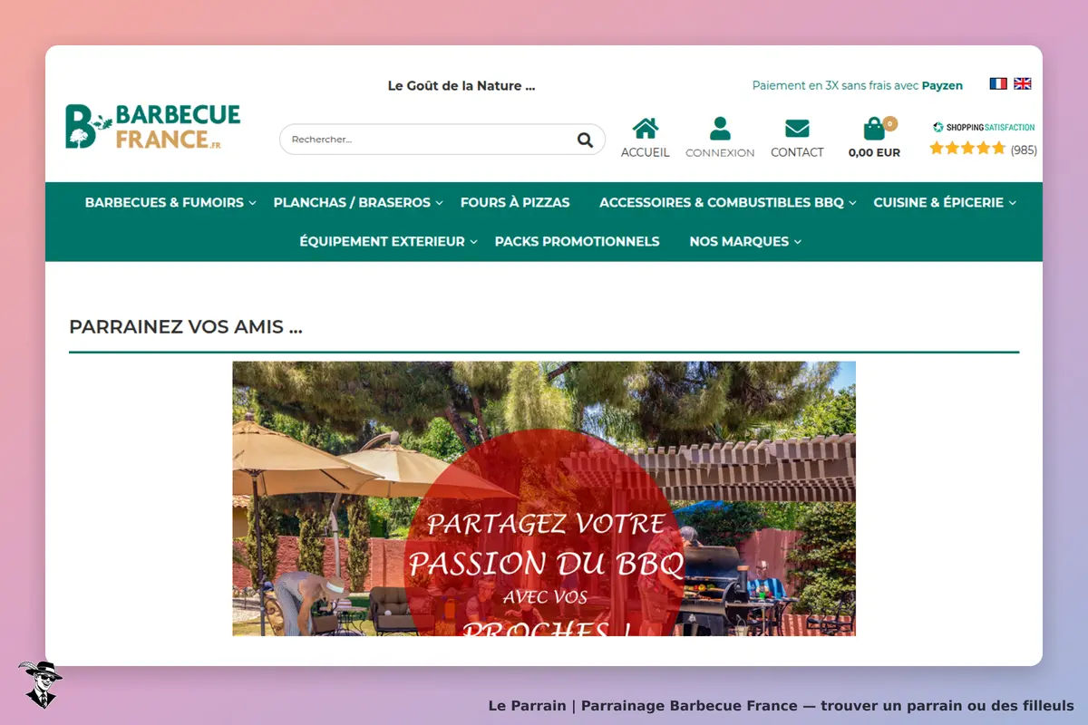 Barbecue France : page d'accueil avec un appel à parrainer des amis et une image de barbecue