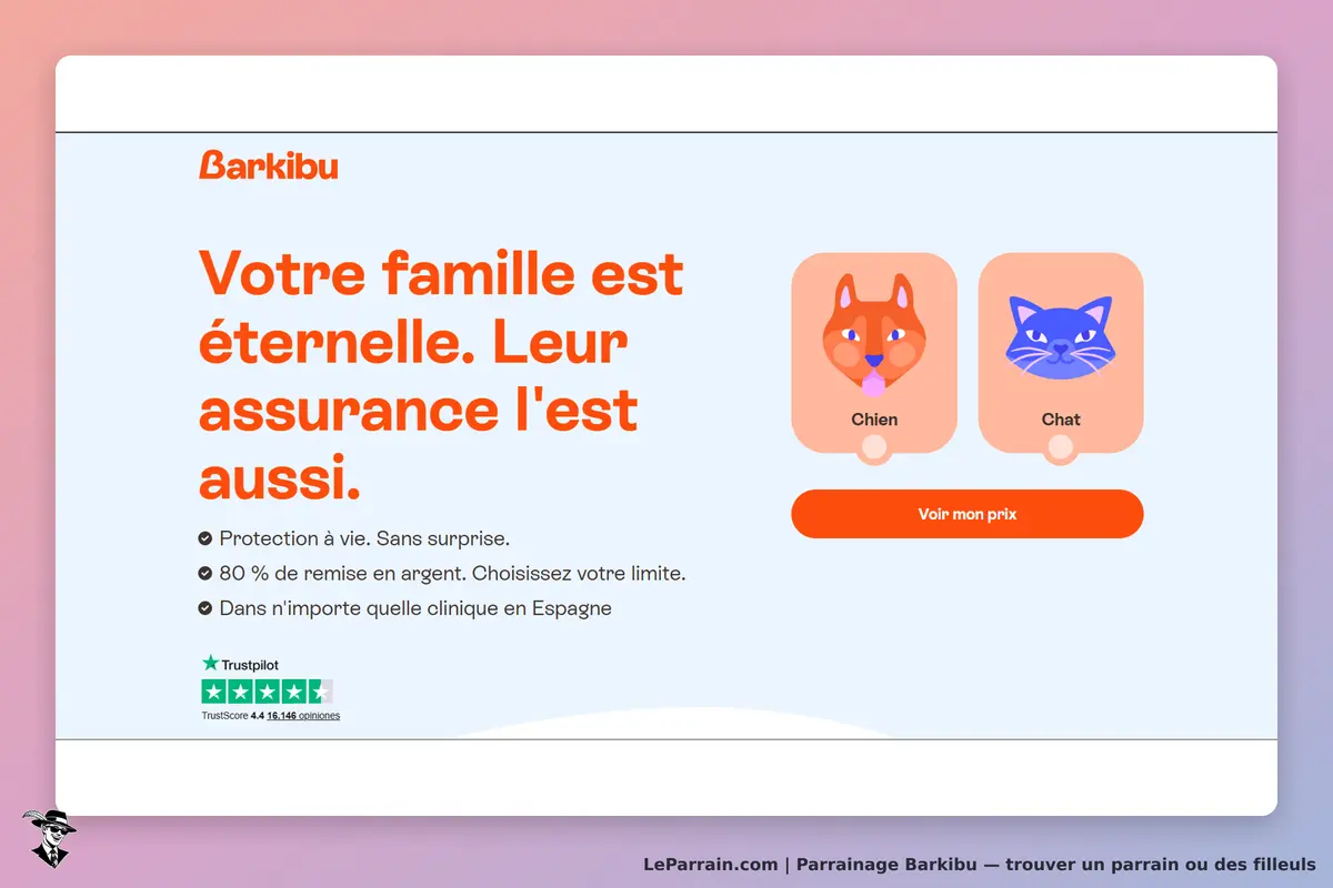 Barkibu : page d'accueil avec options pour chien et chat, texte sur l'assurance animale