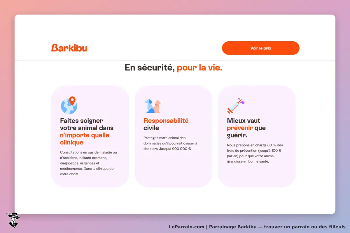 Barkibu : page d'accueil avec trois services pour la santé animale et un bouton d'action