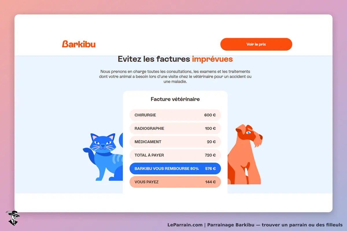 Barkibu : page d'accueil avec des illustrations d'un chat et d'un chien, et un tableau de factures
