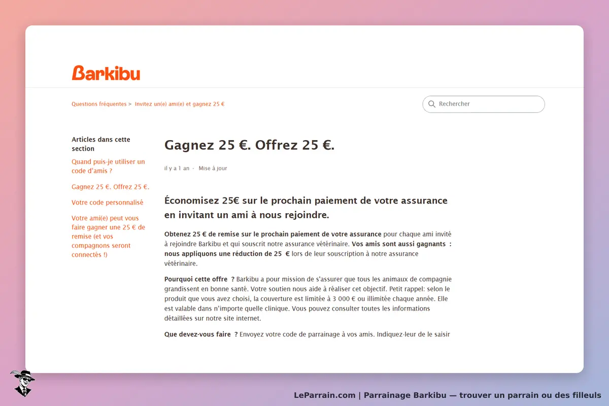 Barkibu : page présentant un programme de parrainage avec des détails sur les économies possibles