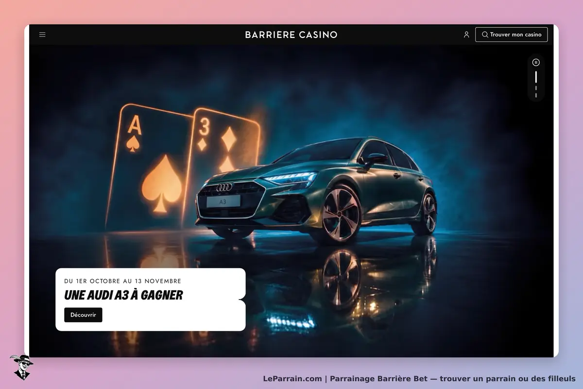 Barrière Bet : barrière Casino : une Audi A3 et des cartes de jeu sur fond lumineux et brumeux