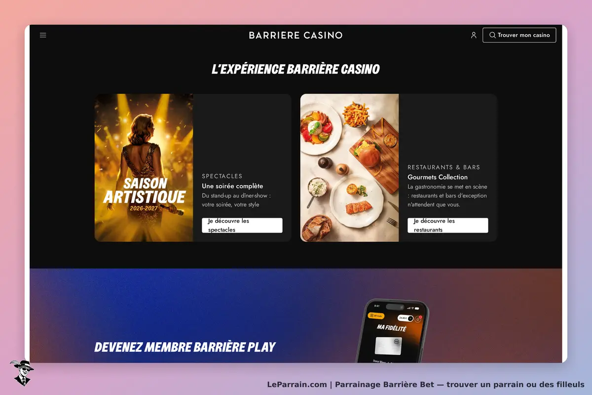 Barrière Bet : barrière Casino : page d'accueil avec spectacles et gastronomie, images de plats et