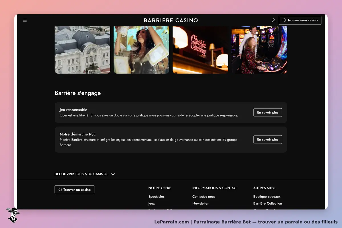 Barrière Bet : barrière Casino : page d'accueil avec engagement sur le jeu responsable et démarches