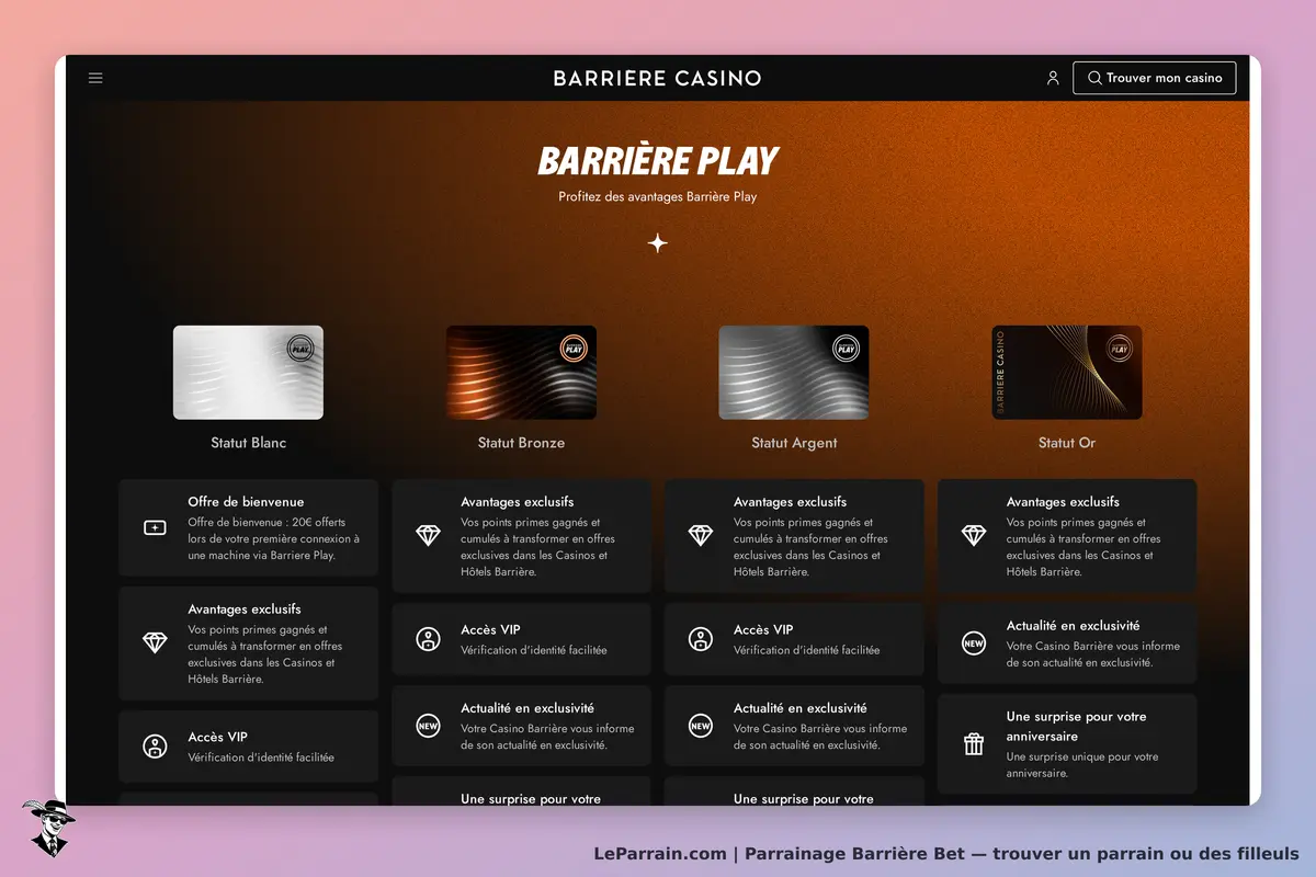 Barrière Bet : page d'accueil présentant les statuts et avantages de Barrière Play