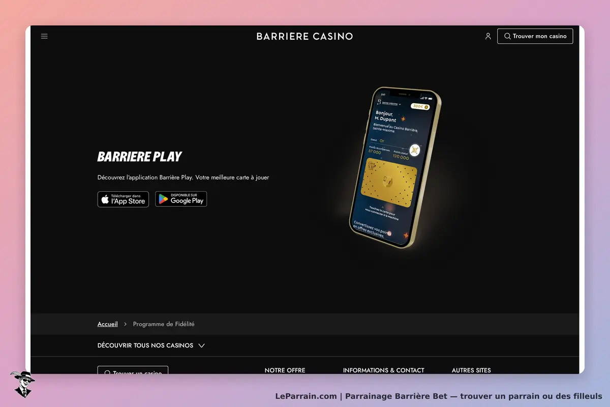 Barrière Bet : écran de présentation de l'application Barrière Play sur fond sombre