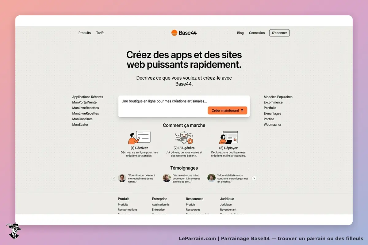Base44 : page d'accueil présentant un service de création d'applications et sites web