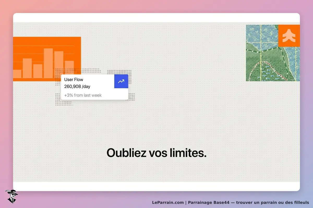 Base44 : graphique avec des données et le texte "Oubliez vos limites" en bas de l'écran