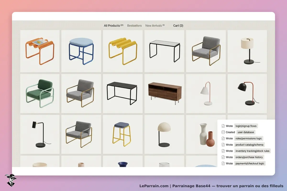 Base44 : grille de produits incluant chaises, tables et lampes de décoration moderne