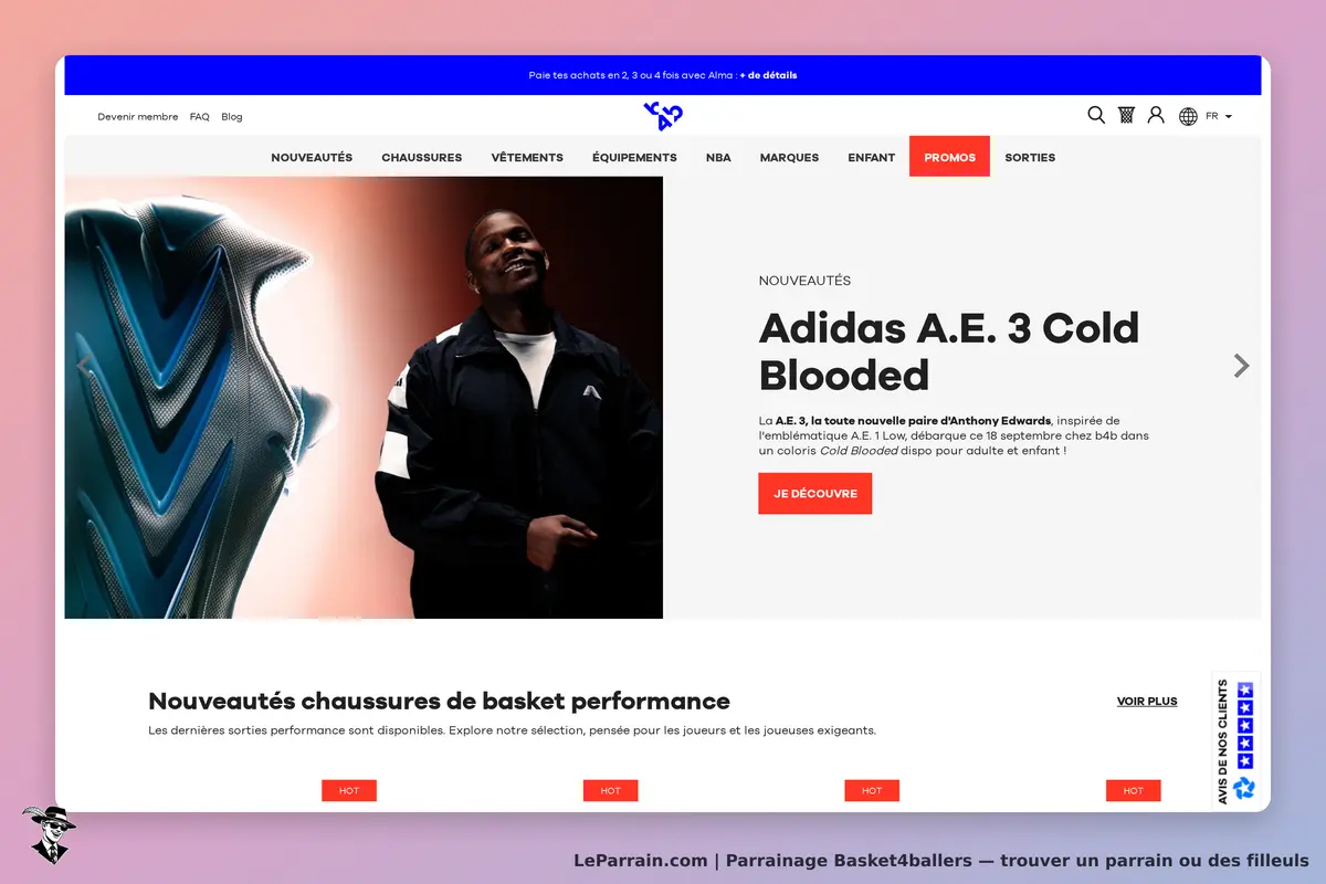 Basket4ballers : page d'accueil présentant des chaussures de basket et un modèle Adidas A.E. 3