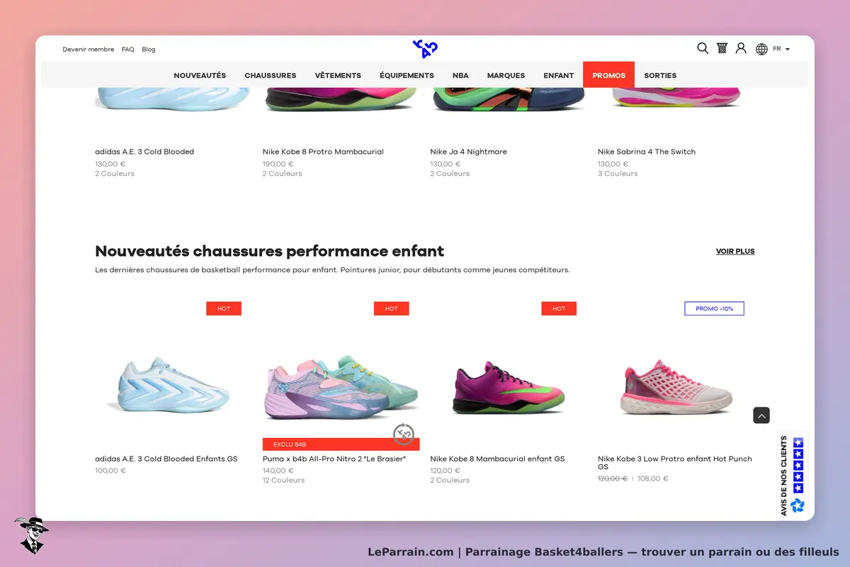 Basket4ballers : page d'accueil présentant des nouveautés de chaussures de basketball pour enfants