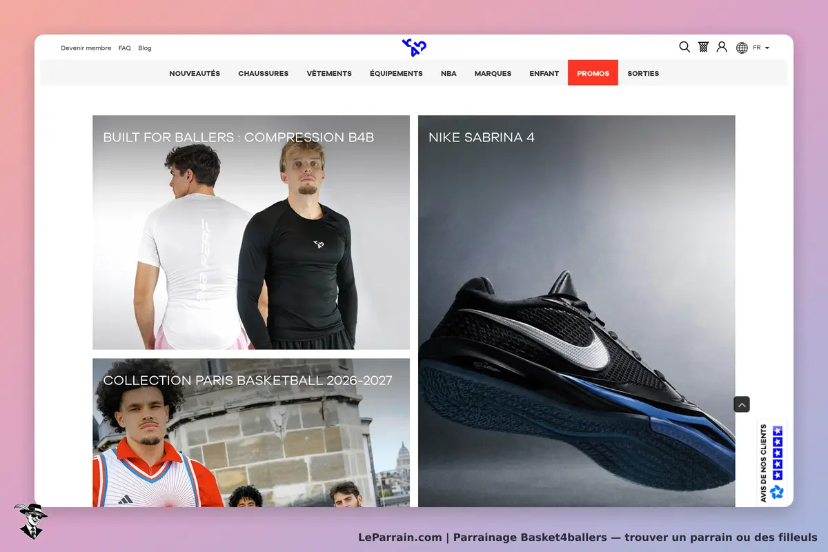 Basket4ballers : page d'accueil avec produits, vêtements et chaussures de basketball affichés
