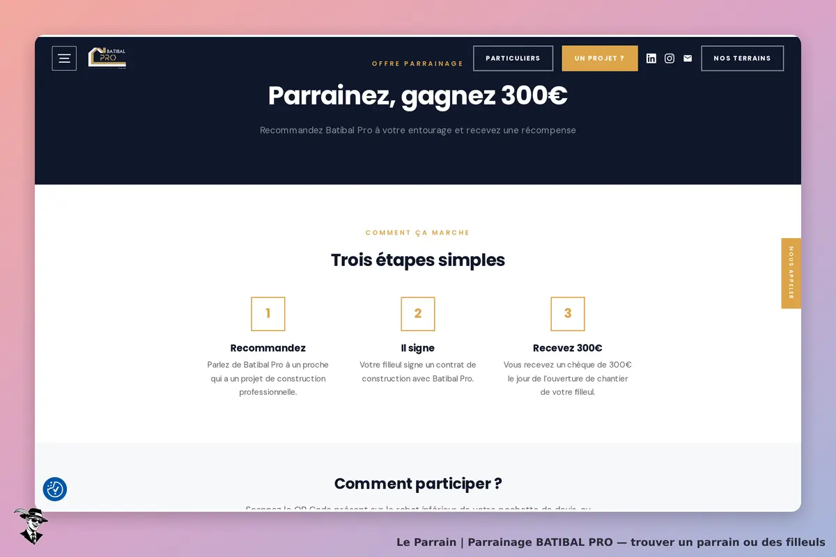 BATIBAL PRO : page d'accueil avec trois étapes pour le parrainage et un QR code pour participer
